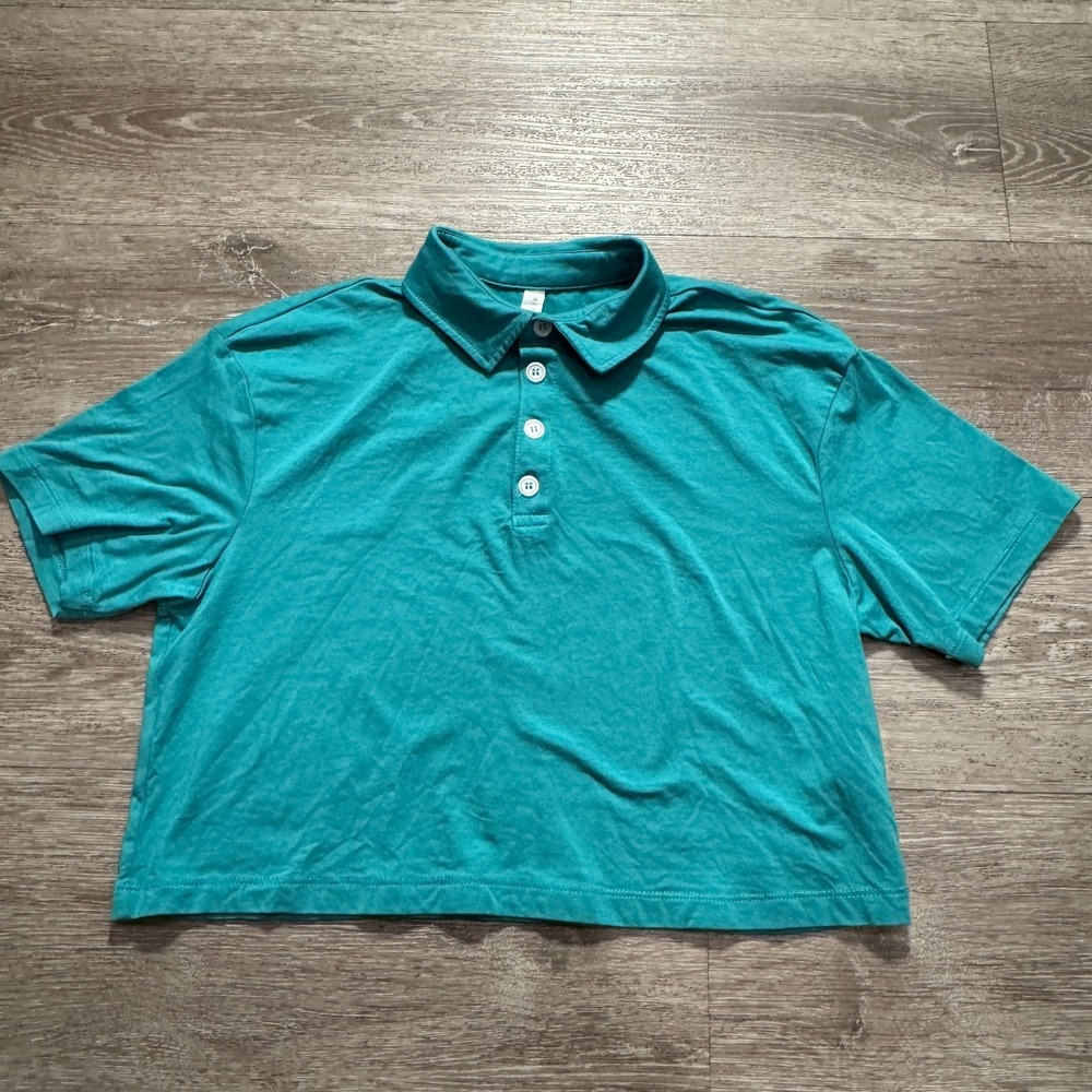 Fabletics Polo Shirt Womens XS Blue Crop Trim Short Sleeve Stretch Golf Preppy